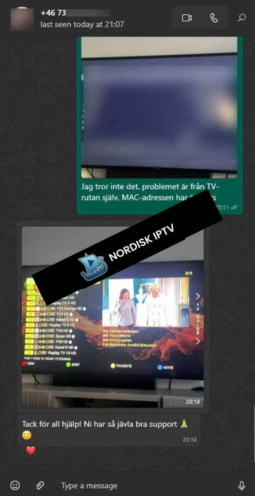 Nordisk IPTV kundrecension - 5 stjärnor WhatsApp