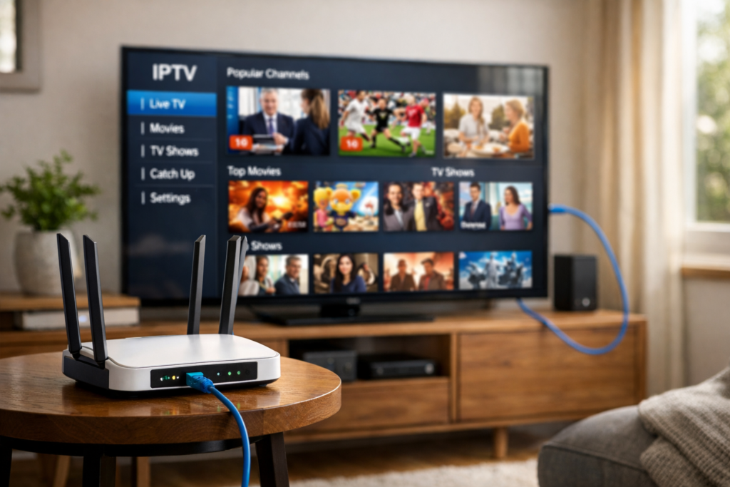 Nordisk iptv på Smart TV med router och Ethernet för stabil iptv streaming