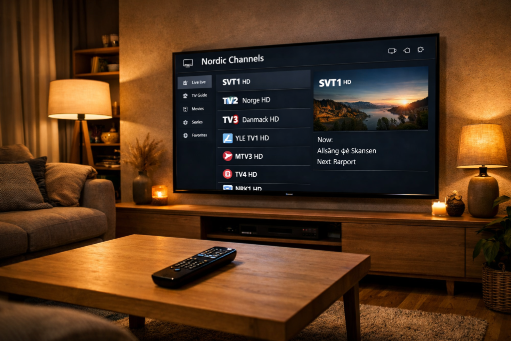 vilken iptv app är bäst – nordisk iptv-app på smart tv i modernt vardagsrum